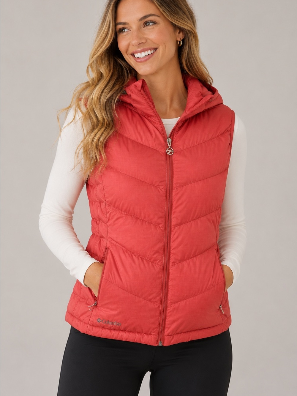 Columbia Titanium DOWN Puffer Vest Hooded Coral Salmon Women’s Large Hiking